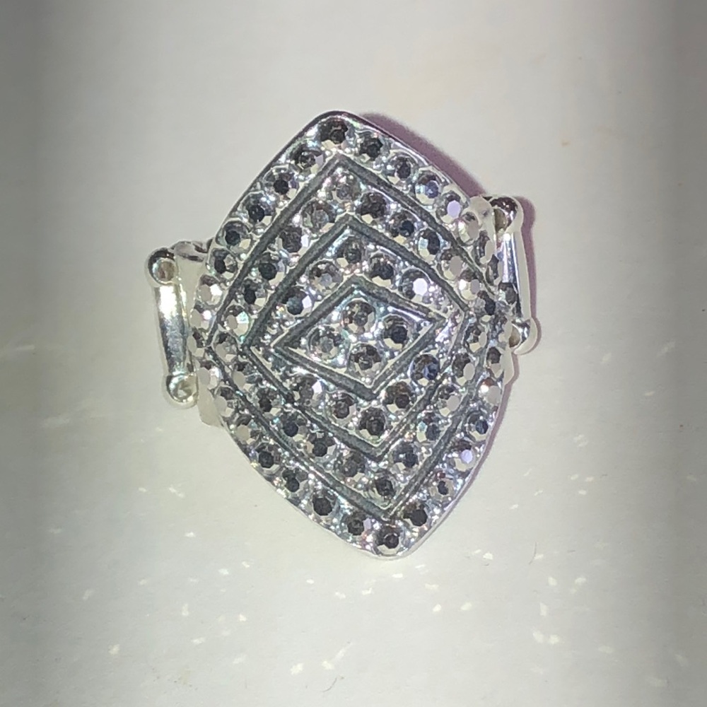 Silver Tone Metallic Gray Rhinestone Geometric Statement Ring